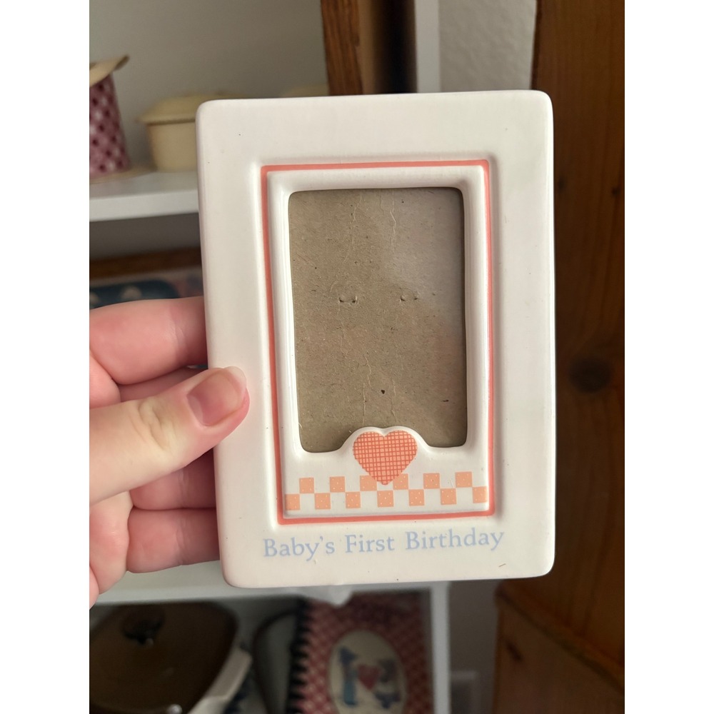 Vintage Hallmark Babys First Birthday Ceramic Picture Frame Pink Heart Checkered